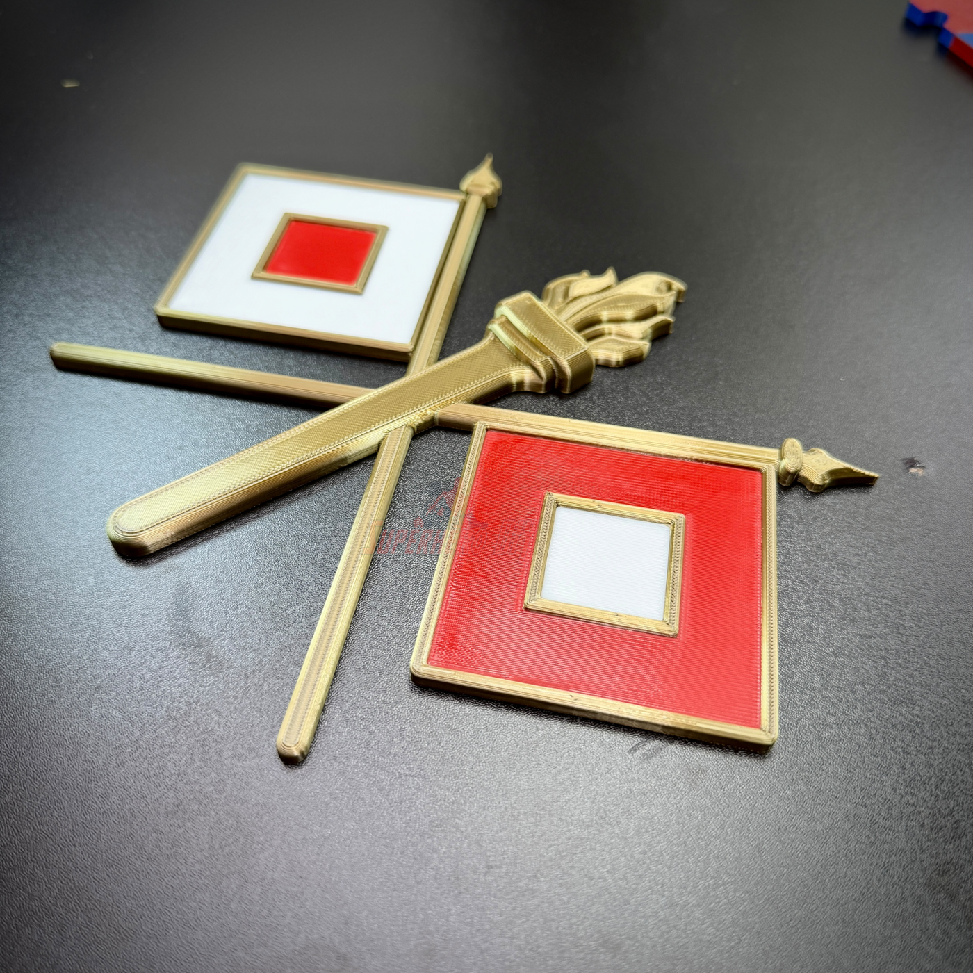 Signal Corps insignia featuring crossed signal flags and a central flaming torch for display.