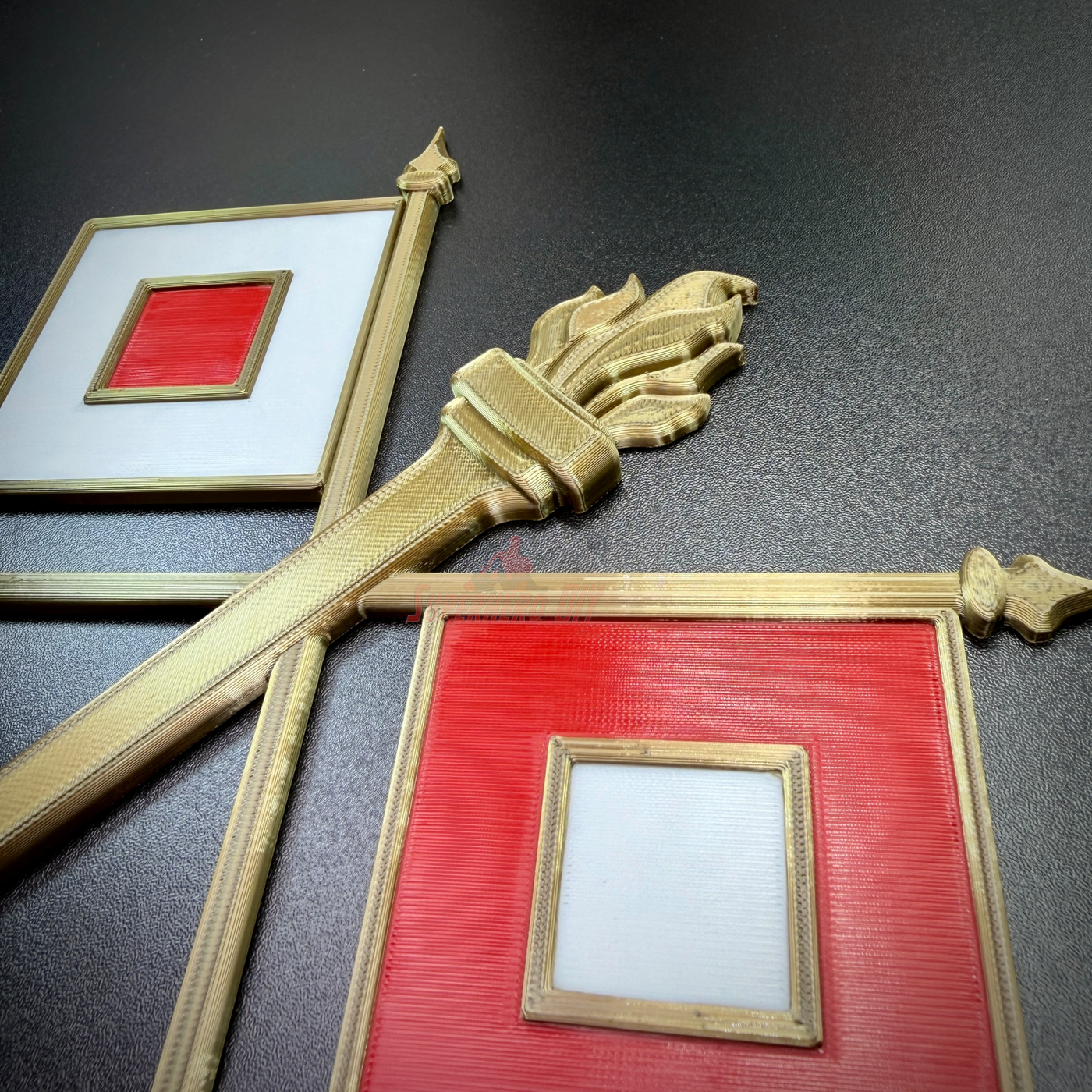 Close-up of Army Signal Corps insignia featuring crossed signal flags and flaming torch, perfect for display.