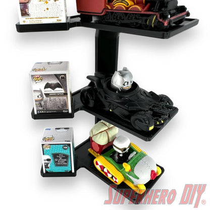 Wall-mounted stackable shelf for Funko Bitty Pop Rides sets, fits ride display box and figures with modular vertical display design