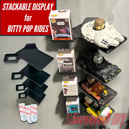 Wall-mounted stackable shelf for Funko Bitty Pop Rides sets, fits ride display box and figures with modular vertical display design