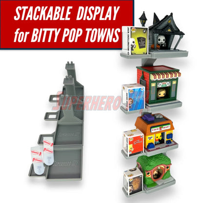 Stackable floating shelf for Bitty Pop Towns sets, designed to hold Funko figures and town box in a vertical wall-mounted display