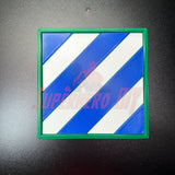 3rd Infantry Division display insignia with blue and white stripes on a black background.