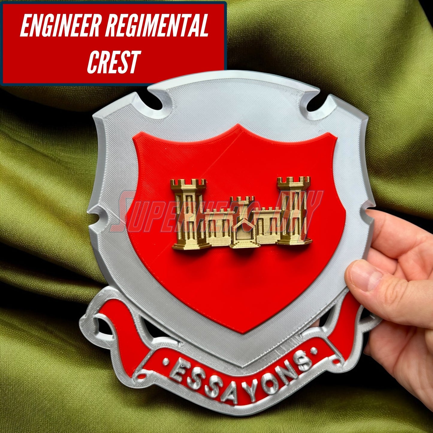 Engineer Regimental Crest –  Multiple Sizes Available for Shadow Box or Wall Display on a green background.