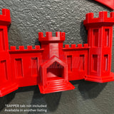 Wall-mountable Army Engineer Castle display in vibrant red with easy wall-mounting features; SAPPER tab not included.