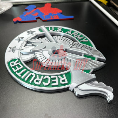 Army recruiter badge insignia wall display with eagle, torch, and stars, multiple sizes available for military decor.