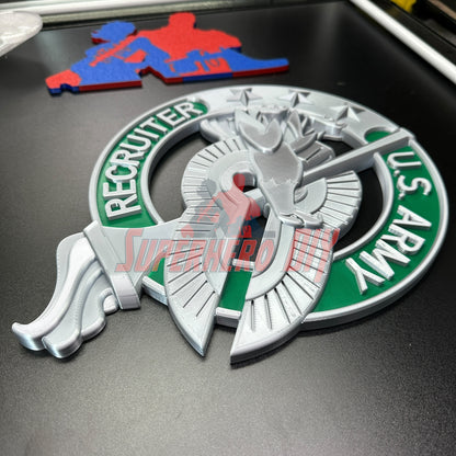 Army recruiter badge insignia with eagle, torch, and stars for wall display.