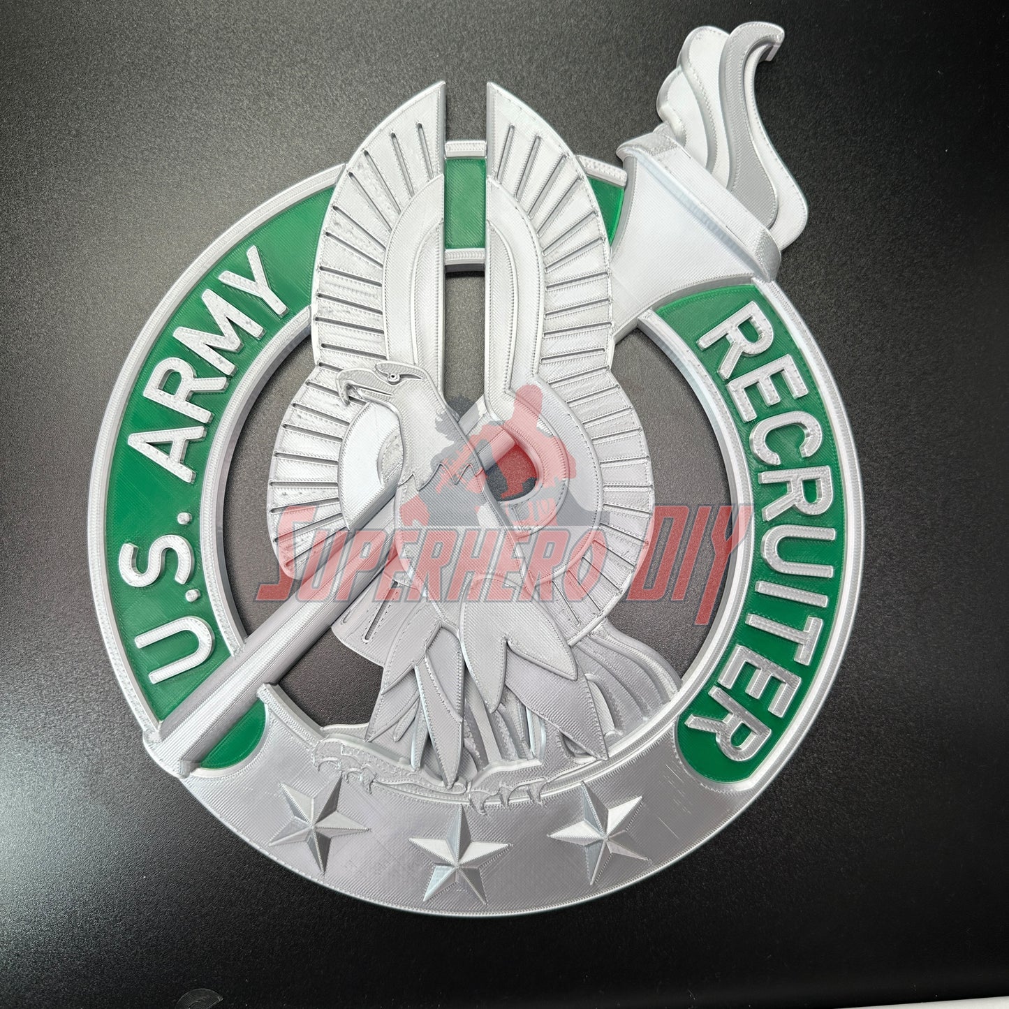 Army recruiter badge insignia with eagle, torch, stars. Official emblem design for wall display. Ideal for service display or gift.