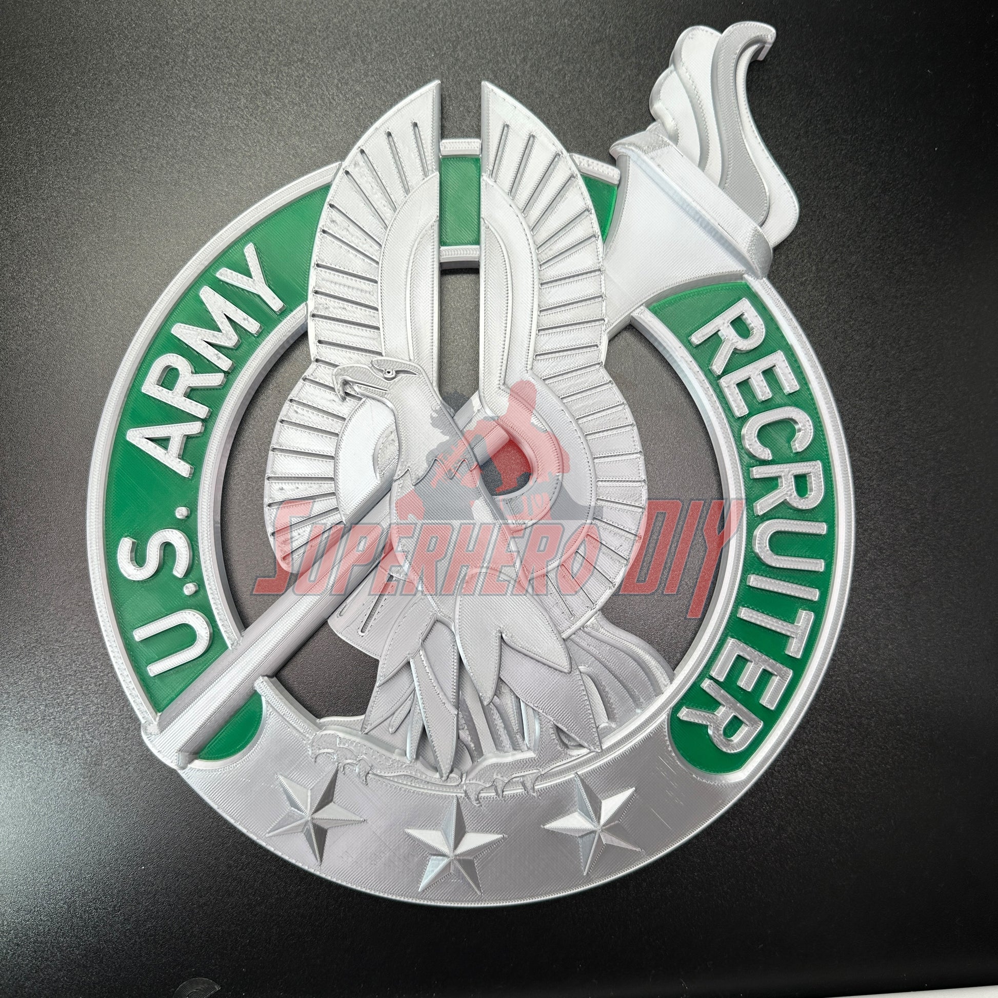 Army recruiter badge insignia with eagle, torch, stars. Official emblem design for wall display. Ideal for service display or gift.