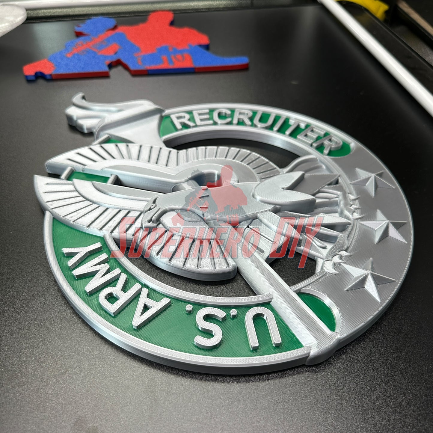 Army Recruiter Badge wall display with eagle, torch, and stars emblem, showcasing detailed design for military decor and gifts.