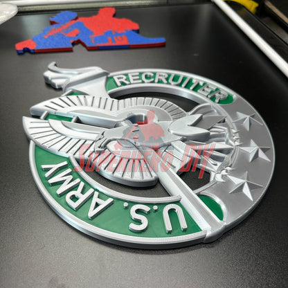 Army Recruiter Badge wall display with eagle, torch, and stars emblem, showcasing detailed design for military decor and gifts.