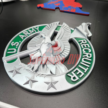 Army recruiter badge insignia with eagle, torch, and stars design for wall display.