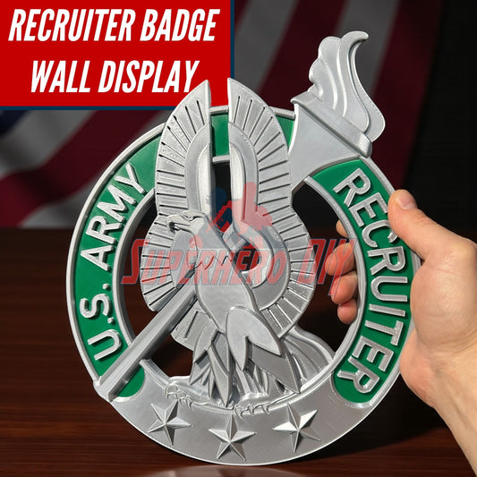 Army recruiter badge wall display with eagle, torch, and stars design in hand.