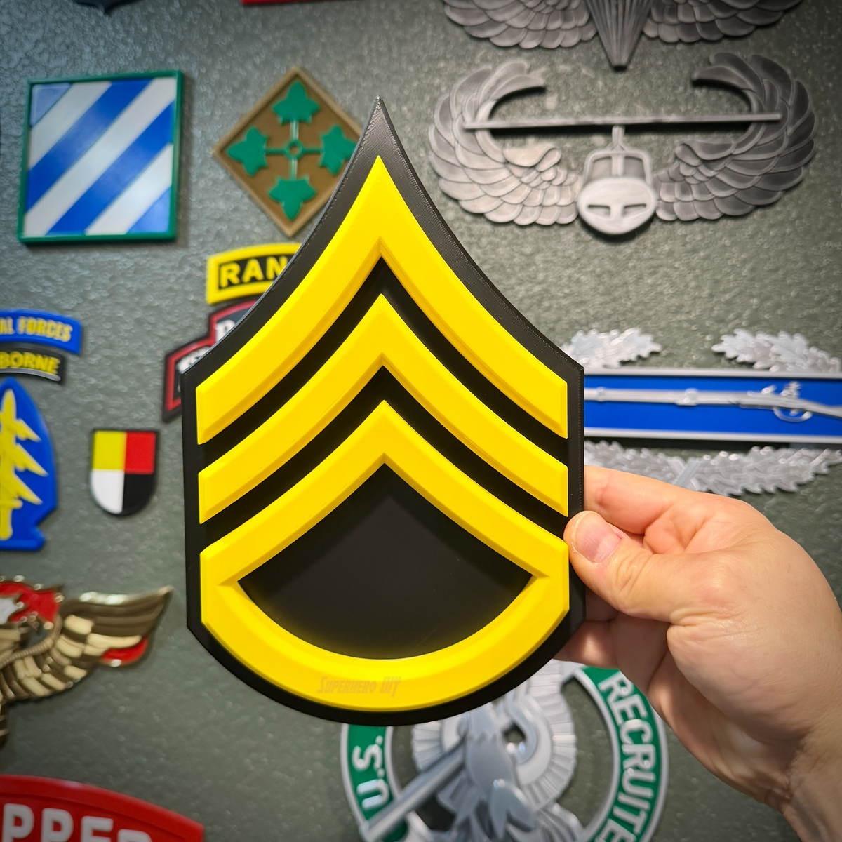 Army enlisted rank insignia in yellow and black, sized for a shadow box or a wall display