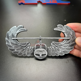 Subdued air assault badge display insignia with detailed wing design in hand.