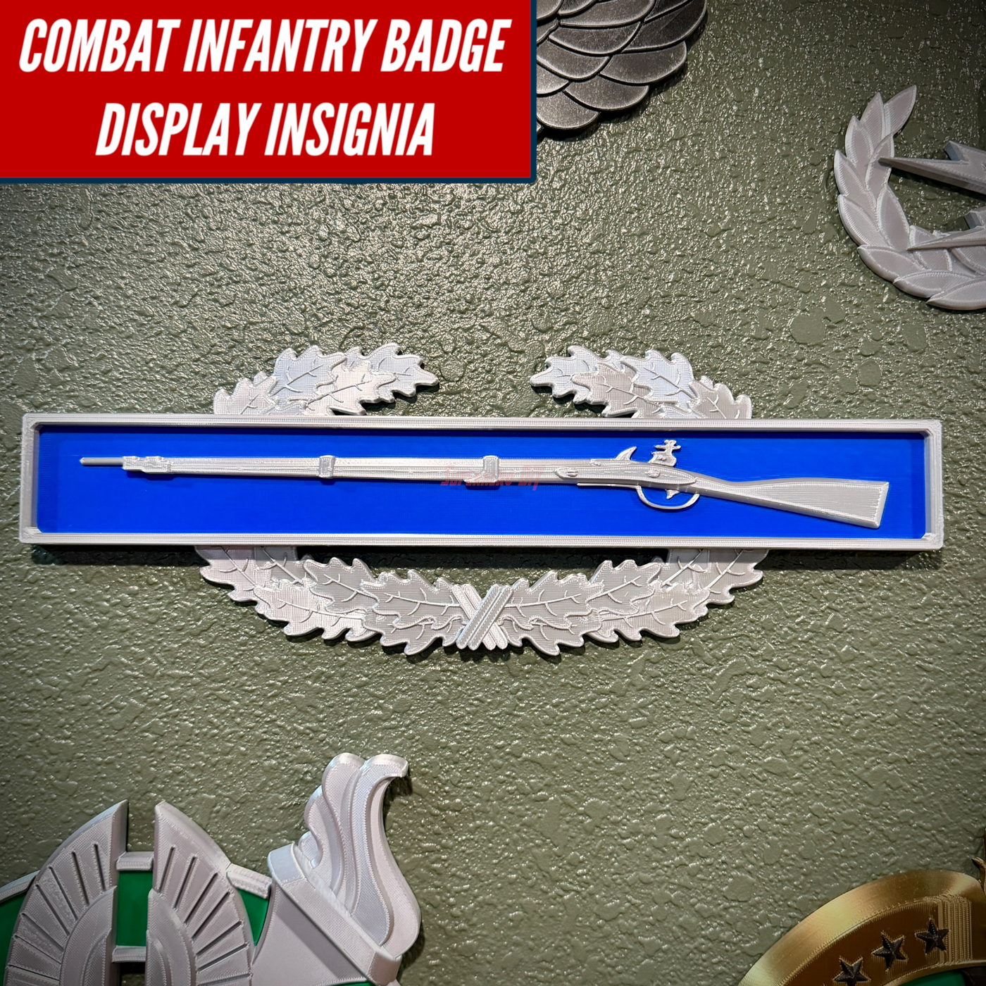 Combat Infantry Badge display insignia featuring a Springfield musket on an infantry-blue background.