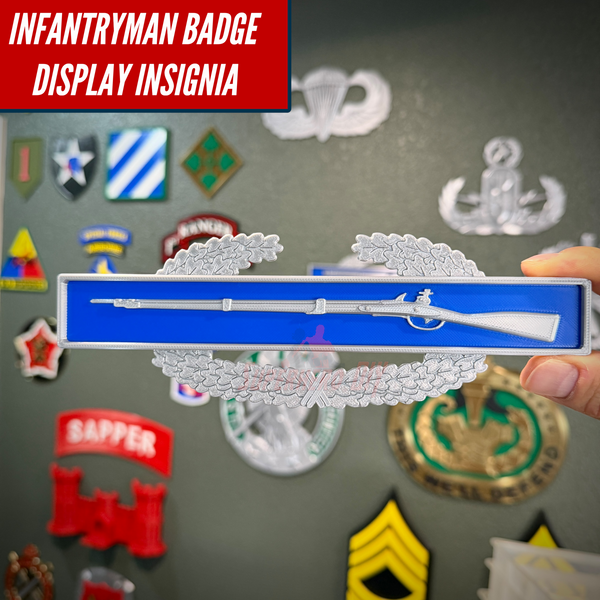 Combat Infantryman Badge display insignia featuring rifle design on blue background with decorative wreath.