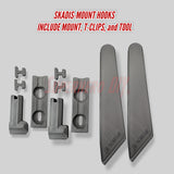 Set of Skadis-mount hooks including mount, T-clips, and tool on a white background.