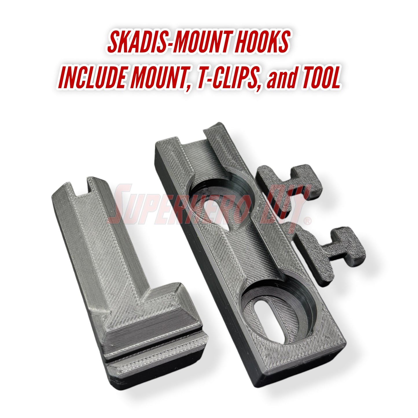 Skadis-mount hooks with mount, T-clips, and tool on a white background