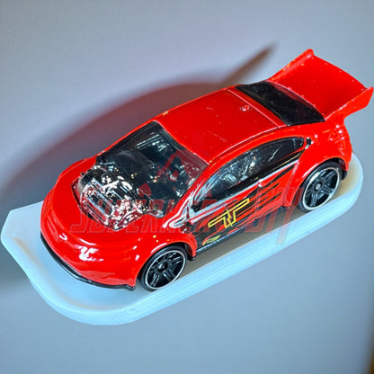 Red 1:64 diecast car on floating display shelf for Hot Wheels