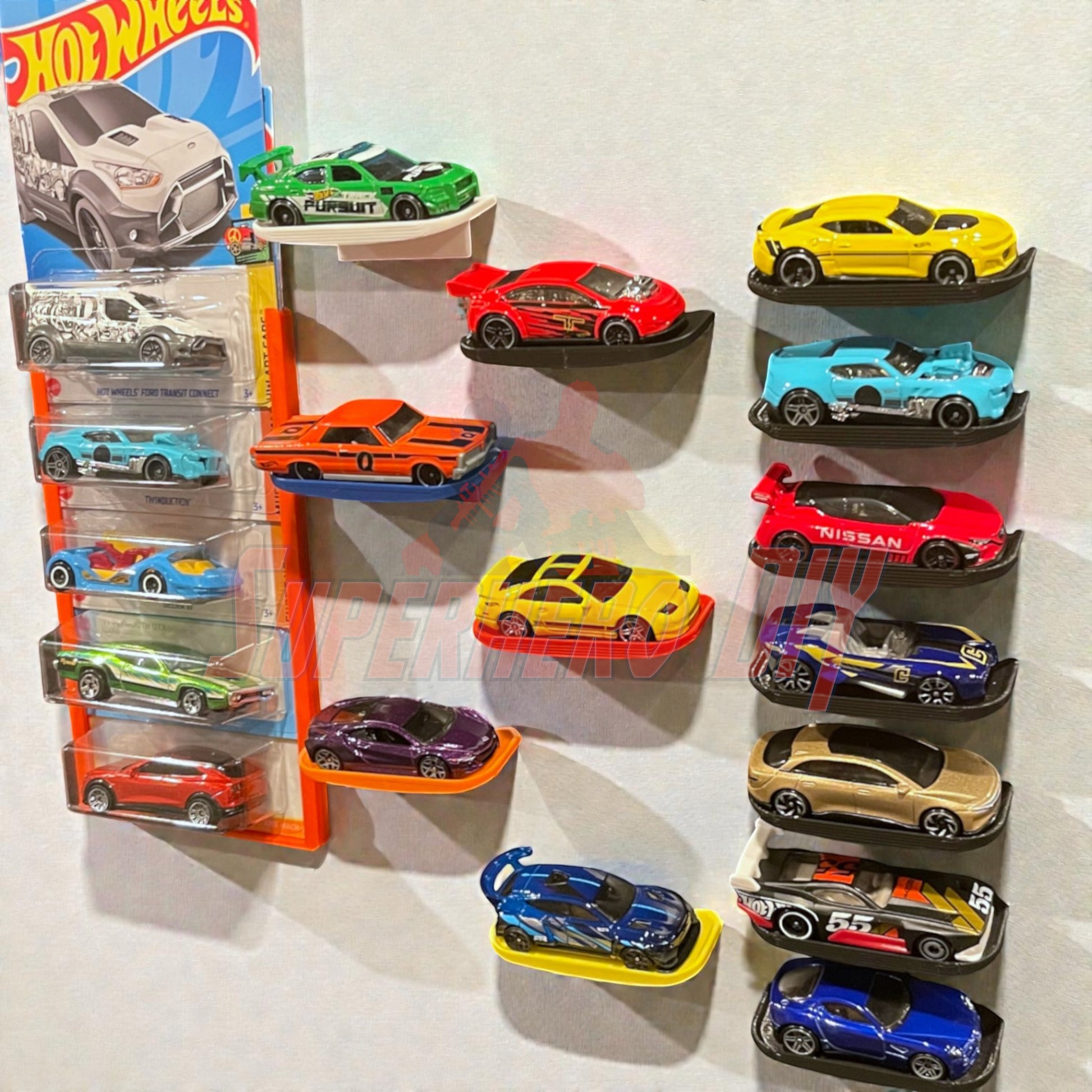 Display shelf for Hot Wheels showcasing colorful 1:64 diecast cars on a wall, highlighting organized and clutter-free storage.