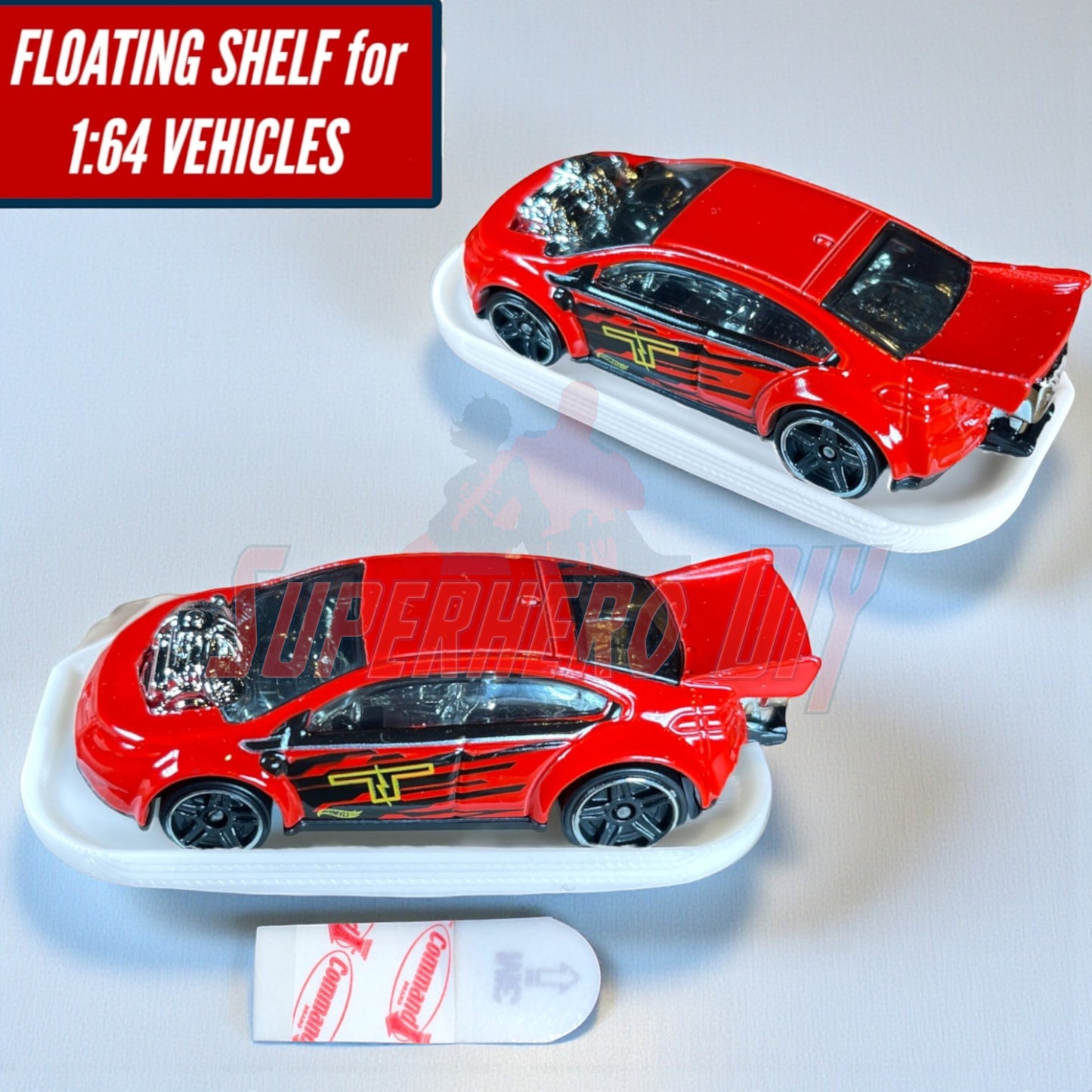 Display shelf for Hot Wheels with a floating design for 1:64 vehicles, features a command strip for easy wall mounting.