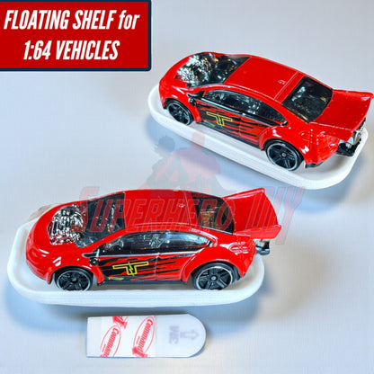 Display shelf for Hot Wheels with a floating design for 1:64 vehicles, features a command strip for easy wall mounting.