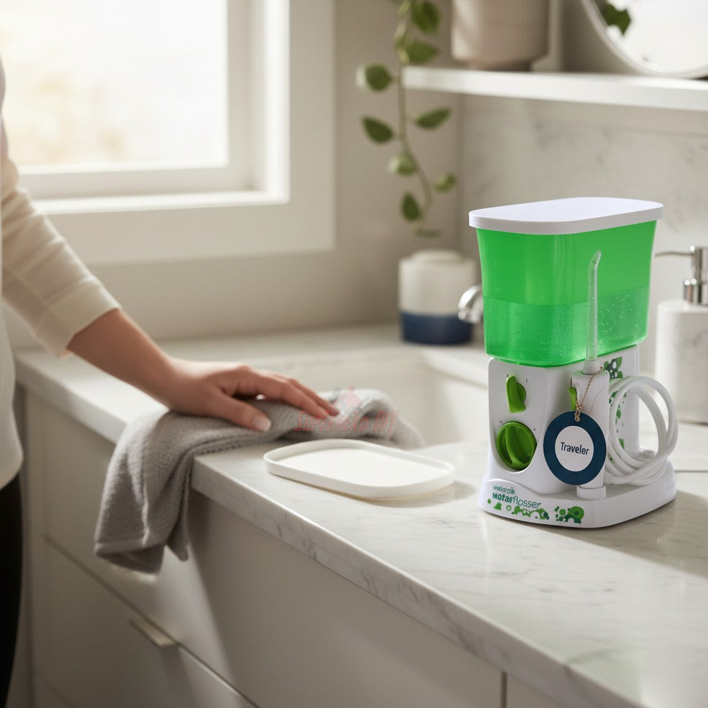 Person placing a towel next to the Waterpik Traveler Water Flosser WP-300 with its lid for water tank.