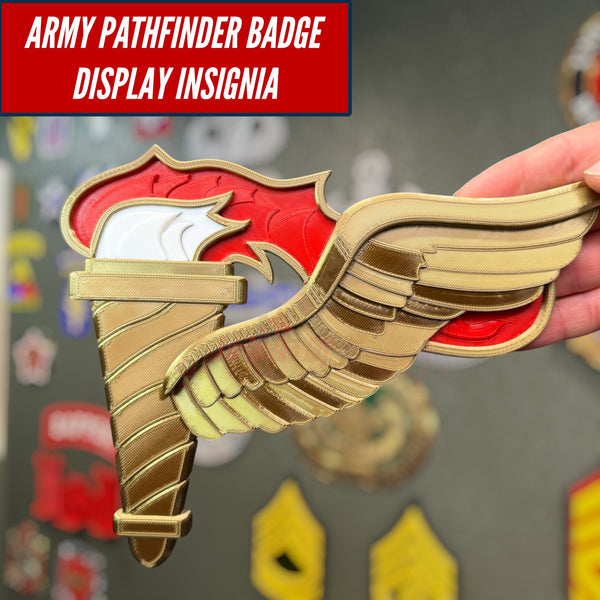 Army Pathfinder Badge Display Insignia with winged torch design, available in various finishes.