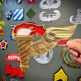 Army Pathfinder Badge display insignia with winged torch in hand, showcasing vibrant colors and detailed design.