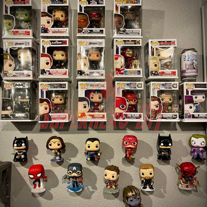 Hexagon Funko Pop display shelves showcasing various superhero figures neatly organized in soft and hard protector cases.