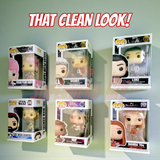 Hexagon Funko Pop display shelves holding various Pop figures in boxes on wall