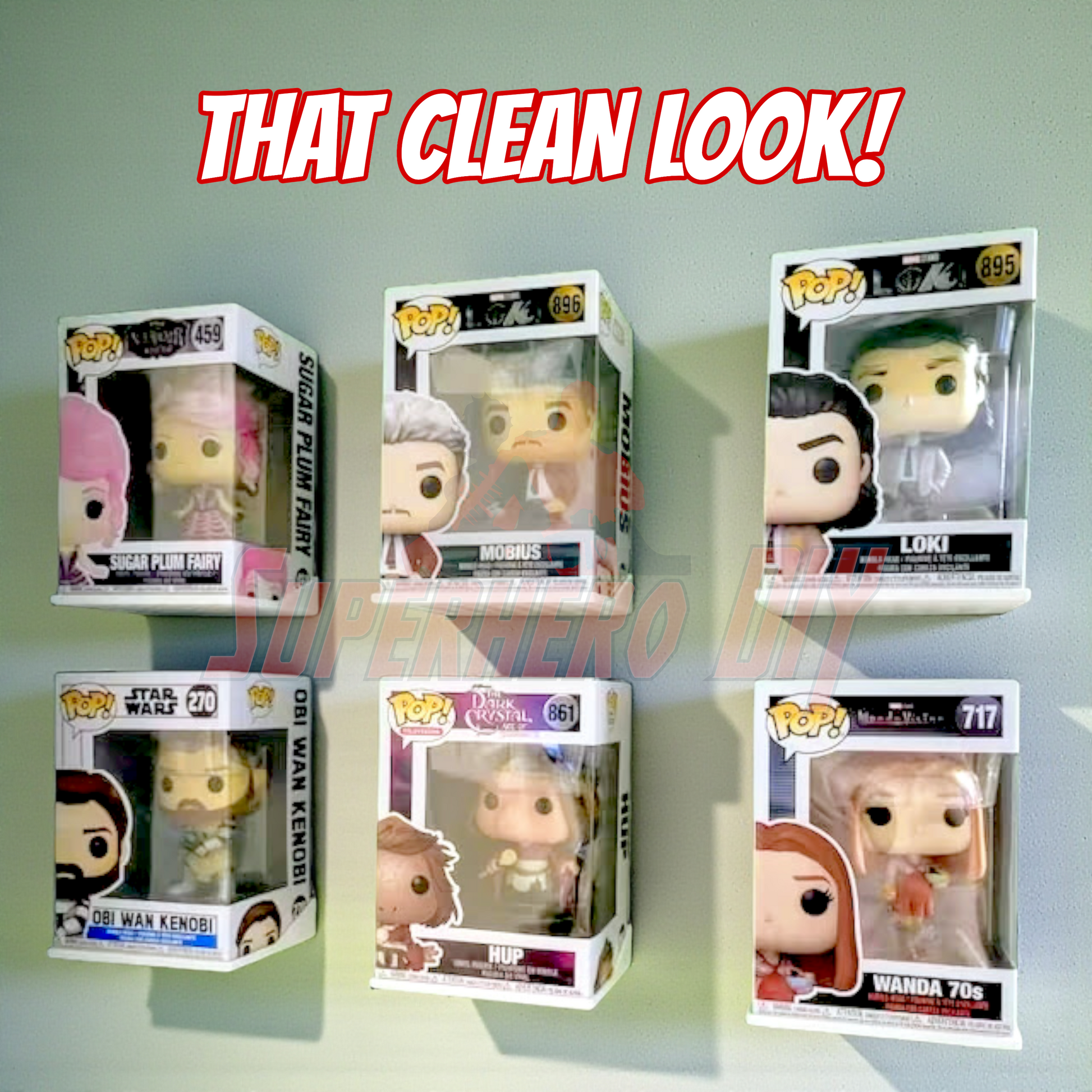 Hexagon Funko Pop display shelves holding various Pop figures in boxes on wall