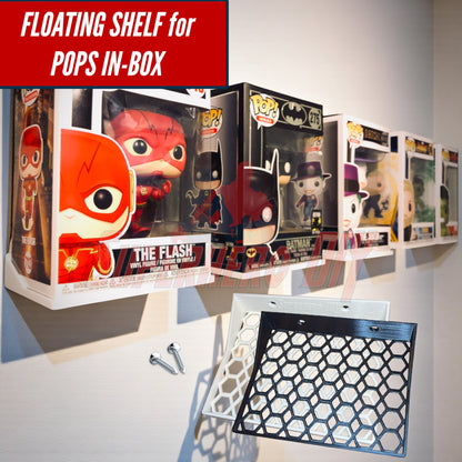 Hexagon Funko Pop display shelves showcasing boxed figures in protectors, highlighting floating wall-mounted honeycomb design.