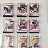 Hexagon Funko Pop display shelves showcasing boxed figures on a wall-mounted shelf.