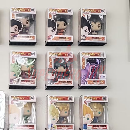 Hexagon Funko Pop display shelves showcasing boxed figures on a wall-mounted shelf.