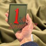 1st Infantry Division display insignia held in hand, Big Red One patch, 3D-printed military tribute, multiple sizes available