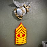 USMC enlisted rank insignia featuring a graphic of globe and anchor and detailed rank chevrons.