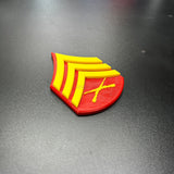 USMC enlisted rank insignia in red and yellow, showcasing the rank of Sergeant in 3D-printed design.