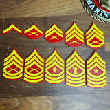 USMC enlisted rank insignias displayed on a wooden surface, featuring red and yellow designs for Marine Corps ranks.