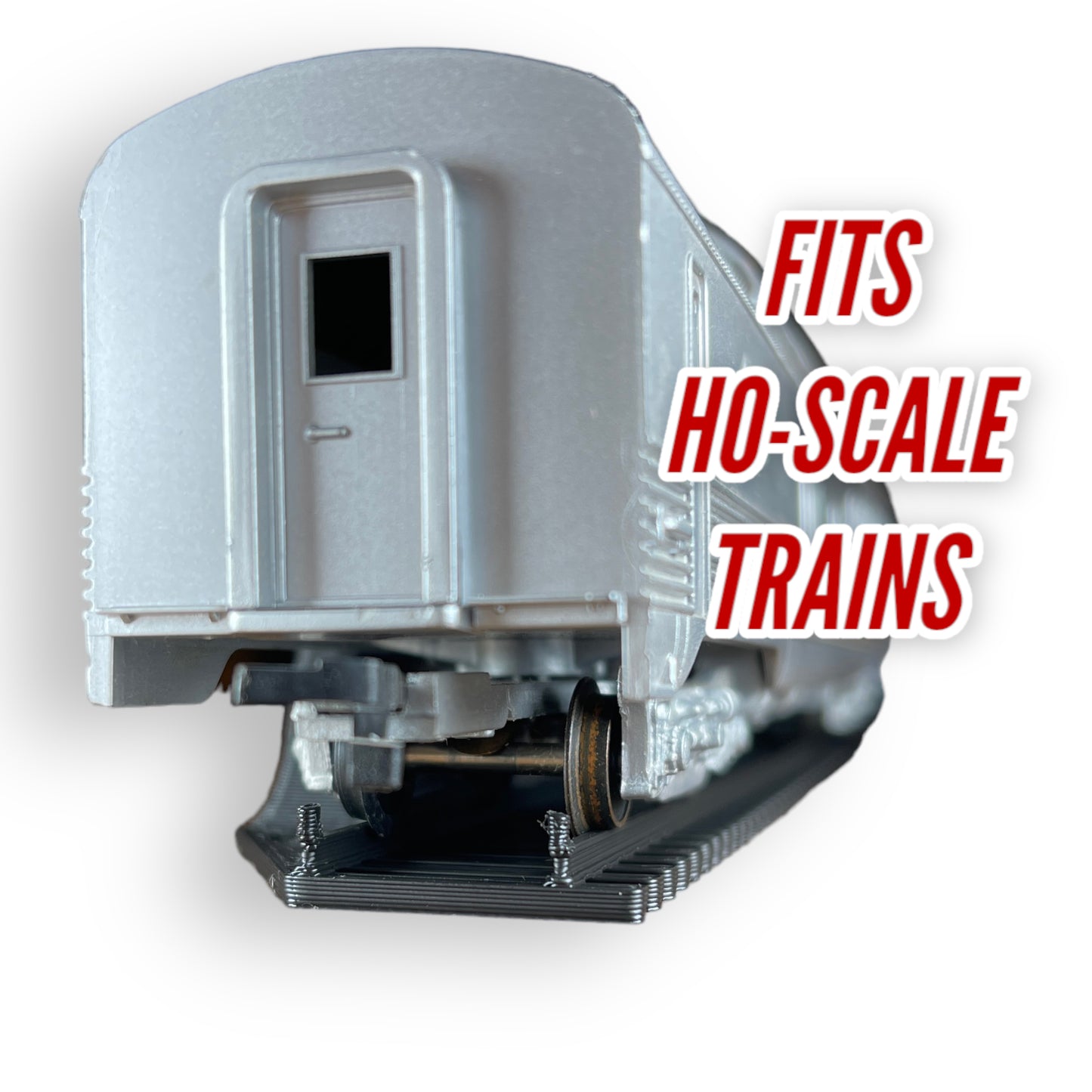 HO-scale train display shelf showcasing a model train car perfectly fitting on the display track.