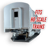 HO-scale train display shelf showcasing a model train car perfectly fitting on the display track.