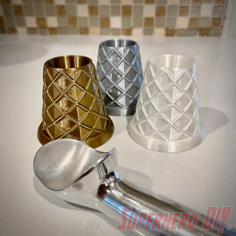 Check out the Waffle Cone Stands! Ice Cream Cone Holder Stands shaped like Waffle Cones! Perfect decor for ice cream scooping or ice cream party from Superhero DIY! The perfect solution for only $5.39