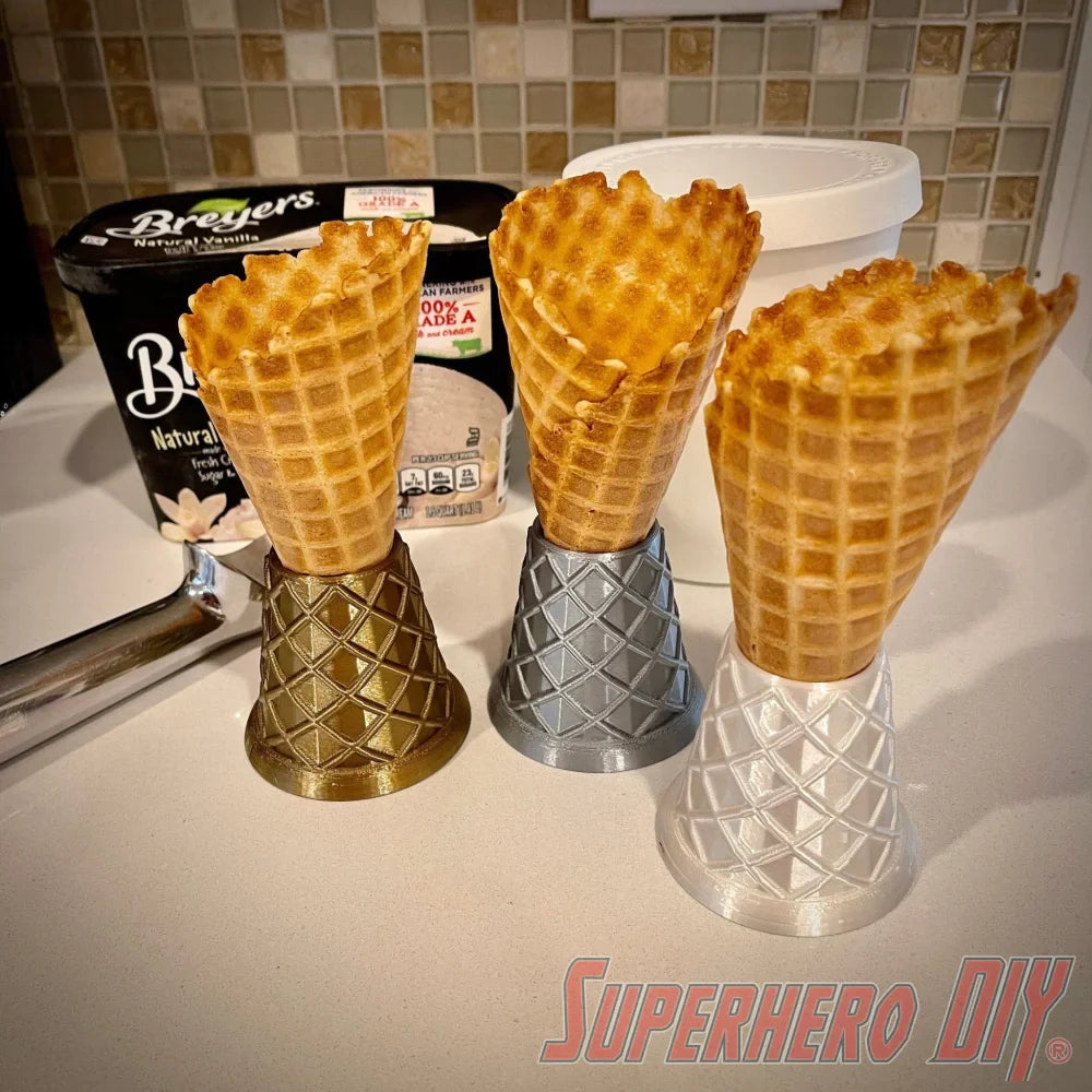 Check out the Waffle Cone Stands! Ice Cream Cone Holder Stands shaped like Waffle Cones! Perfect decor for ice cream scooping or ice cream party from Superhero DIY! The perfect solution for only $5.39