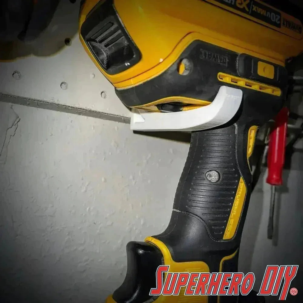 Check out the Wall Mount Hook for DeWALT 20v XR Drill or Impact Driver | Mount your DeWALT tool for better organization from Superhero DIY! The perfect solution for only $2.69