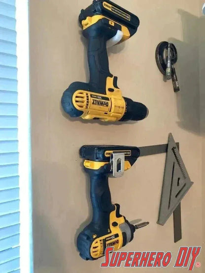 Check out the Wall Mount Hook for DeWALT 20v XR Drill or Impact Driver | Mount your DeWALT tool for better organization from Superhero DIY! The perfect solution for only $2.69