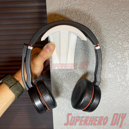 Check out the Wall Mounted Headphone Stand | No screws no drilling and fits most headphones | Mount with included Command strips from Superhero DIY! The perfect solution for only $8.99