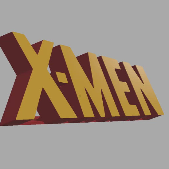 a 3D model of the X-men logo, made to stand on its own. The logo is 3-dimensional and in red and yellow. 