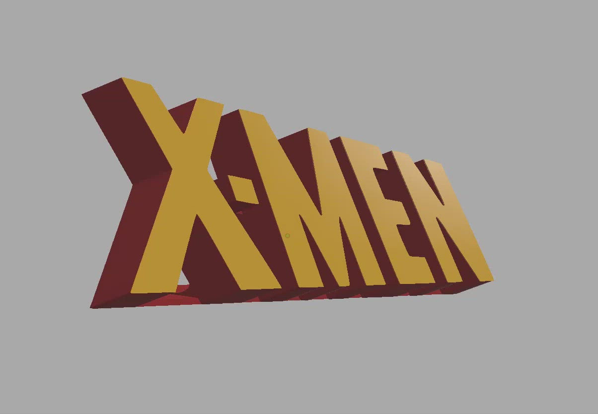 a 3D model of the X-men logo, made to stand on its own. The logo is 3-dimensional and in red and yellow. 