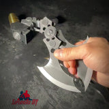 Hand holding MAGNETIC Folding Arkham Batarang Cosplay Prop - 10" version in open position on black surface